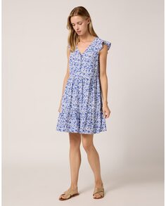 Короткое платье с цветочным принтом и рюшами Naf Naf, синий