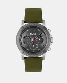 Impress For Him 1530293 многофункциональные зеленые кожаные мужские часы Hugo, зеленый