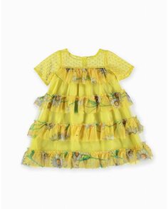 Платье для девочки с рюшами, тюлем и плюмети Pan con Chocolate, желтый