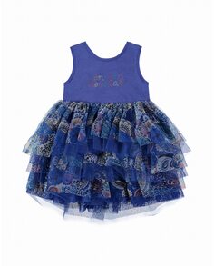 Платье для девочки комбинированное синего цвета с рюшами из тюля Pan con Chocolate, синий