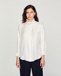 Женская шелковая рубашка со присборенным воротником Sandro, белый