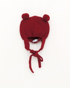 Вязаная шапка для мальчика с ушками и двумя помпонами алого красного цвета Foque, красный