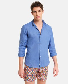 Классическая однотонная мужская льняная рубашка синего цвета PENINSULA, индиго