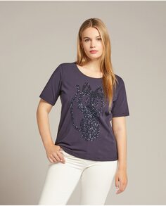 Женская футболка с коротким рукавом, расшитая пайетками Elena Mirò, темно-синий
