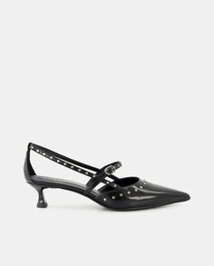 Женские кожаные туфли с открытой пяткой, браслетом с заклепками и каблуком-воронкой Latouche, черный