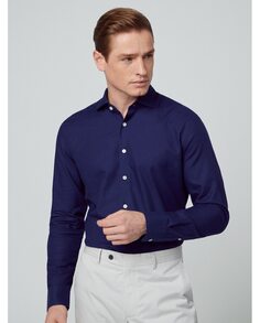 Узкая мужская рубашка из темно-синей ткани с рисунком «елочка» Hackett, темно-синий