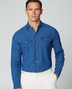 Однотонная узкая мужская джинсовая рубашка синего цвета Hackett, синий