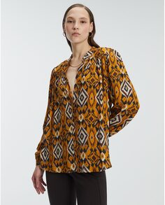 Женская рубашка с длинными рукавами и воротником-стойкой с принтом Andam, горчичный