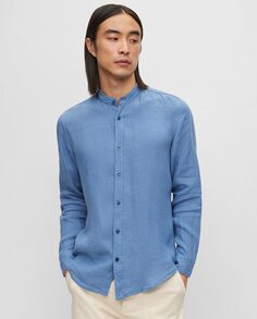 Мужская рубашка обычного кроя из чистого льна с фирменными деталями Boss, синий