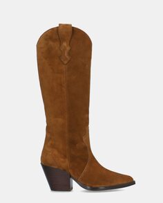 Женские замшевые ковбойские сапоги с острым носком и блочным каблуком Alpe, коричневый