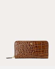 Большой коричневый кожаный кошелек на молнии с гравировкой Lauren Ralph Lauren, коричневый