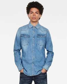 Мужская узкая джинсовая рубашка синего цвета с застежкой на пуговицы и карманами G-Star Raw, светло-синий
