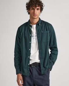 Однотонная классическая мужская рубашка темно-зеленого цвета Pepe Jeans, темно-зеленый