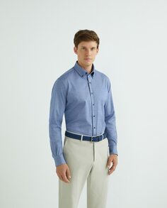 Мужская спортивная рубашка стандартного кроя, 100 % спортивный хлопок KNIT в синюю полоску, воротник с заостренными пуговицами, манжеты по краю Rushmore, синий