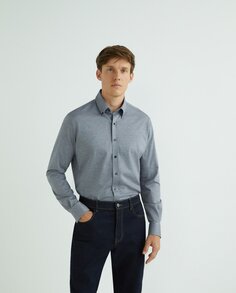 Мужская спортивная рубашка стандартного кроя, 100% темно-синий трикотажный хлопок с геометрическим узором, воротник с заостренными пуговицами, манжеты по краю Rushmore, синий