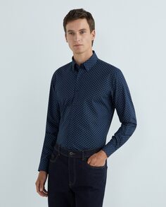 Мужская спортивная рубашка стандартного кроя, 100% хлопок NON IRON, принт «ежик», поплин, воротник с заостренными пуговицами, манжеты по краю Rushmore, темно-синий