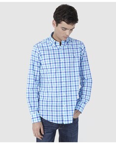 Белая мужская хлопковая рубашка в клетку обычного цвета Olimpo, синий