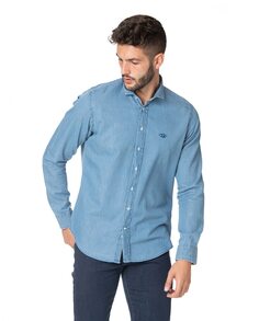 Однотонная мужская рубашка из денима добби синего цвета Spagnolo, синий