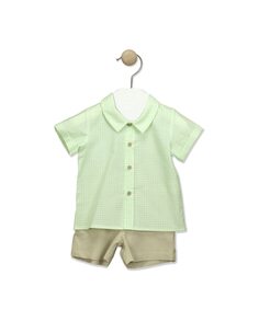 Короткий комплект для мальчика с рубашкой-поло в мелкую клетку BABIDÚ, зеленый
