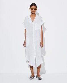 Однотонное льняное платье-рубашка с короткими рукавами и карманами Parfois, белый