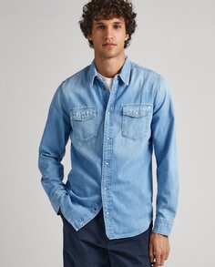 Однотонная мужская рубашка синего цвета Pepe Jeans, синий