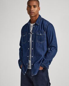 Однотонная мужская джинсовая рубашка темно-синего цвета Pepe Jeans, синий