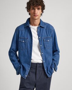 Однотонная мужская джинсовая рубашка синего цвета Pepe Jeans, синий
