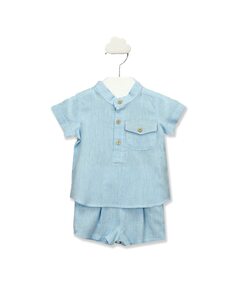 Комплект для мальчика с рубашкой с воротником мао из мягкой клетчатой ​​ткани BABIDÚ, светло-синий