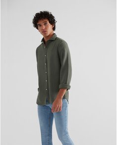 Однотонная мужская рубашка приталенного кроя средне-зеленого цвета Silbon, зеленый