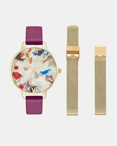 Женские часы Pop Art OBGSET153 из темно-бордовой кожи и стальной сетки Olivia Burton, гранатовый