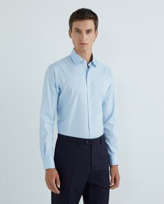 Мужская классическая рубашка приталенного кроя, 100% хлопок NON IRON, однотонная елочка, классический воротник, смешанная манжета Rushmore, светло-синий