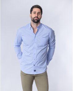 Классическая мужская рубашка из поплина в клетку с карманом голубого цвета Spagnolo, светло-синий