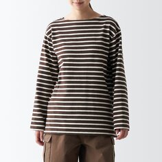 Толстая футболка с воротником-лодочкой и длинными рукавами MUJI, темно-коричневая кайма