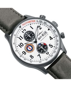 Мужские часы Hawker Hurricane Chronograph, серый ремешок из натуральной кожи, 42 мм AVI-8