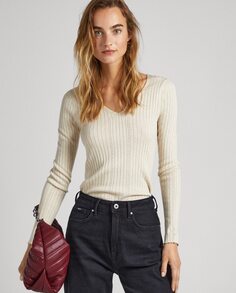Женский свитер из ребристой ткани с V-образным вырезом Pepe Jeans, кремовый