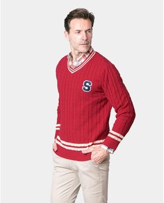 Мужской бордово-красный свитер фантазийной вязки с V-образным вырезом и буквенным принтом Spagnolo, бордо