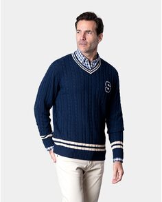 Мужской темно-синий свитер фантазийной вязки с V-образным вырезом и буквенным принтом Spagnolo, темно-синий