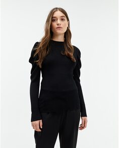 Женский черный свитер в рубчик с пышными рукавами System Action, черный
