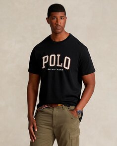 Мужская хлопковая футболка с рисунком спереди больших размеров Polo Ralph Lauren, черный