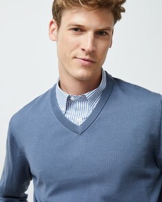 Мужской свитер из 100 % мериносовой шерсти, который можно стирать, с однотонным V-образным вырезом Dustin, синий