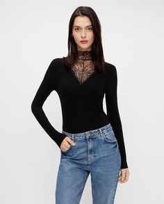 Женская футболка с длинным рукавом и кружевом Pieces, черный