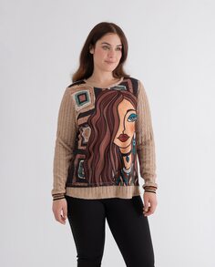 Женский свитер комбинированный с принтом спереди October, коричневый