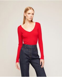 Женский свитер в рубчик с V-образным вырезом Motivi, красный