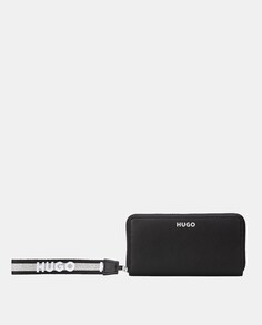 Большой черный кошелек с контрастным логотипом и короткой ручкой Hugo, черный