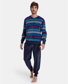 Мужская длинная вязаная пижама в разноцветную полоску Massana, синий