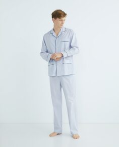 Мужские пижамы из ткани в широкую и узкую полоску с шелковистой отделкой и окантовкой Emidio Tucci, светло-синий