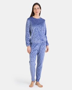 Длинная однотонная женская пижама из микрофлиса Massana, синий