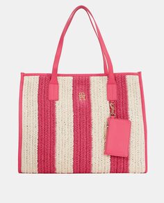 Большая сумка-тоут, связанная крючком, с двухцветными белыми и розовыми полосками Tommy Hilfiger, фуксия