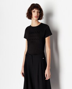 Женская бархатная футболка обычного кроя с логотипом Armani Exchange, черный