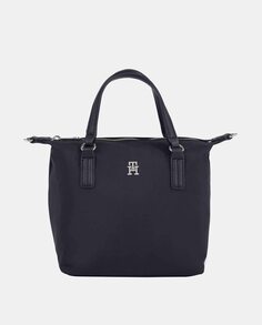 Маленькая сумка-тоут из переработанной ткани темно-синего цвета с логотипом TH и застежкой-молнией Tommy Hilfiger, темно-синий